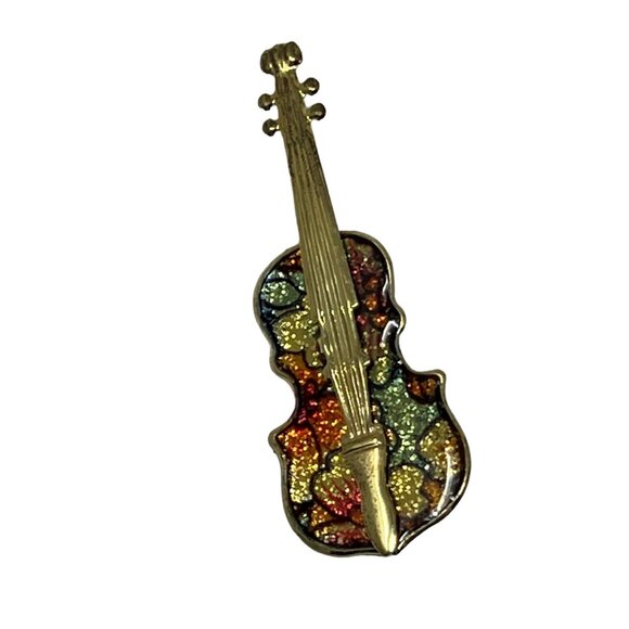Violin Brooch Gold Tone Cello Orange Yellow Green Pin - Picture 1 of 7